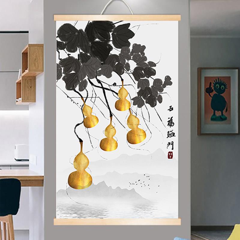 新中式挂画葫芦入户客厅玄关装饰画竖版中国风饭厅壁画墙画布画