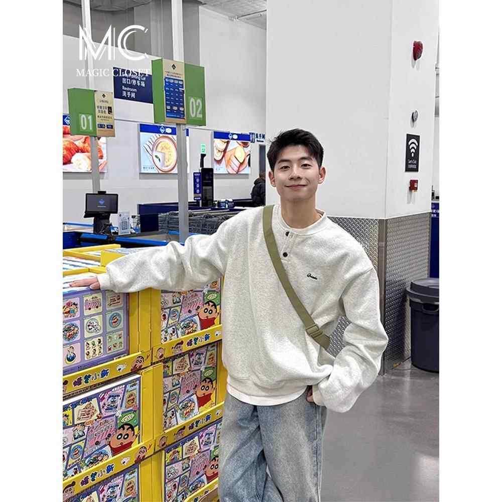 重磅亨利领纽扣卫衣男2025春秋新款高级感加绒花灰色棒球领外套潮