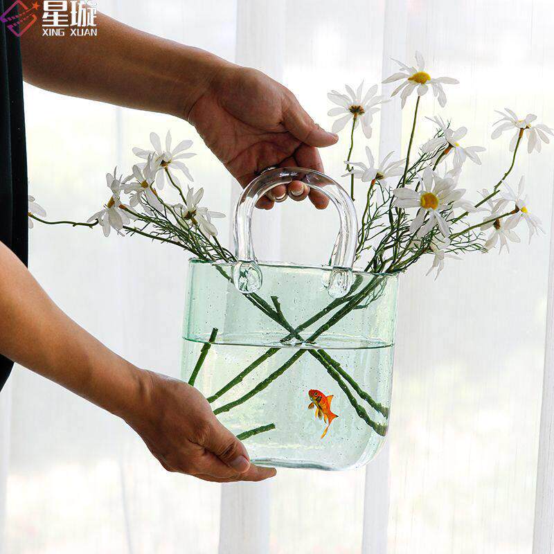 网红玻璃手提包花瓶夜光花篮创意气泡鱼缸桌面插花花器装饰品摆件