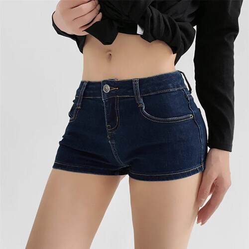 Elastic low waisted denim shorts for women, featuring slim
