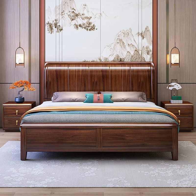 胡桃木实木床现代简约家用主卧室榫卯结构双人床高端中式1米8婚床