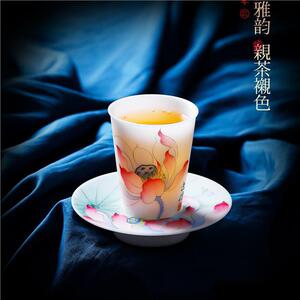 瓷语颠 手绘山水主人杯冰种羊脂玉瓷一杯一碟喝茶杯高档个人专用
