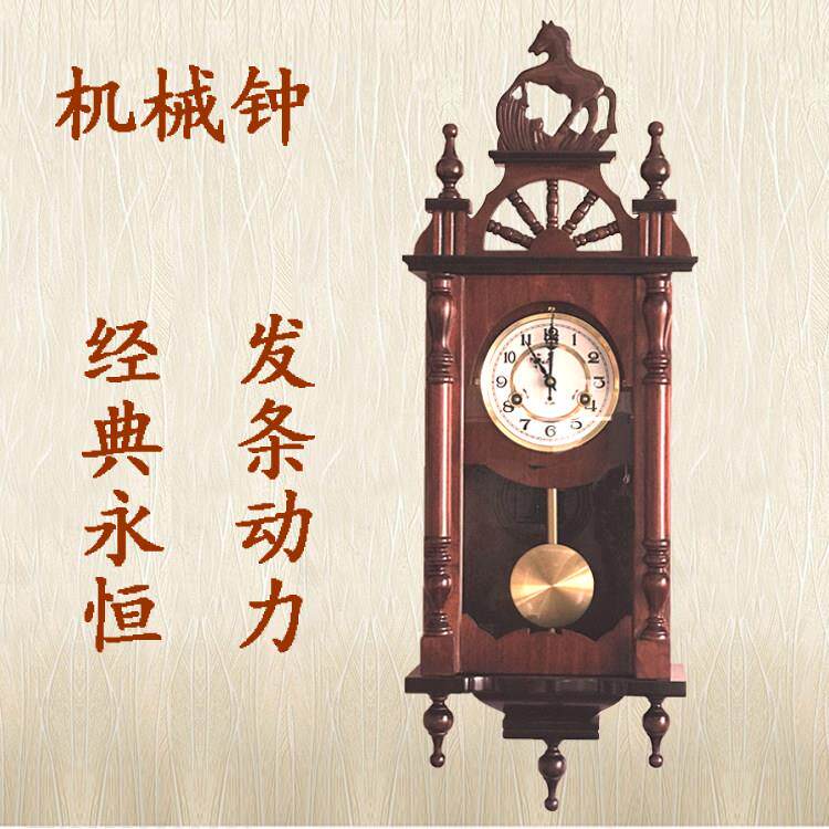 机械挂钟纯铜机芯木质覆古墙壁钟摇摆钟老式发条钟表覆古风水钟