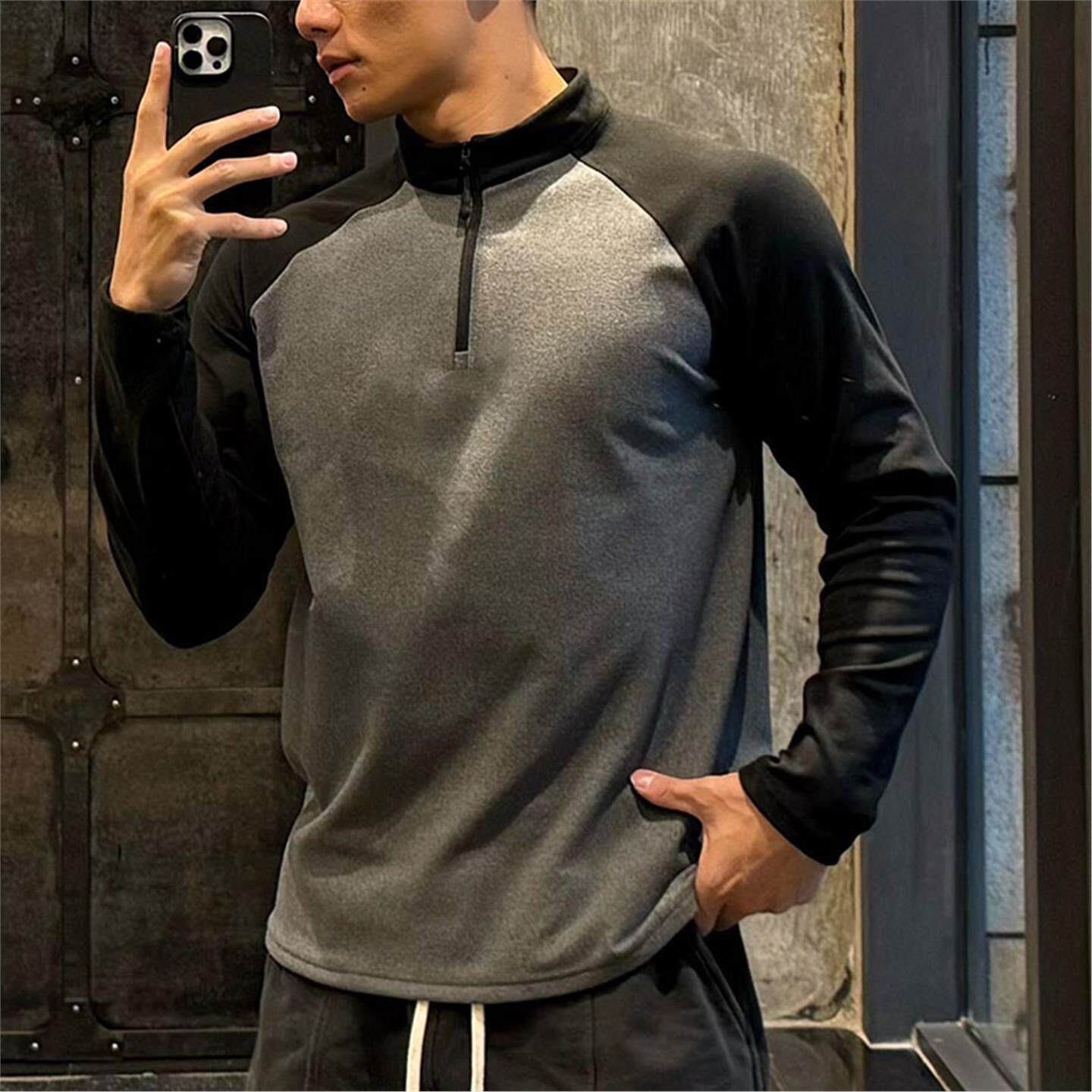 健身长袖男秋冬款撞色加绒打底运动t恤休闲德绒上衣半拉链训练服