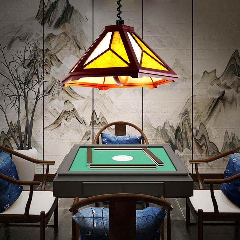 新中式单吊灯棋牌室麻将灯茶馆升降灯木艺仿羊皮灯罩餐厅吧台吊灯
