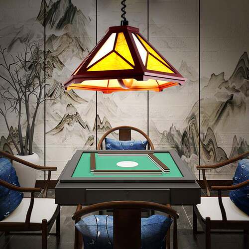 新中式单吊灯棋牌室麻将灯茶馆升降灯木艺仿羊皮灯罩餐厅吧台吊灯