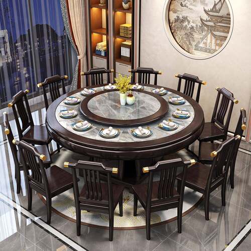 新中式实木餐桌家用10人圆形岩板圆桌饭店电磁炉大圆桌2m吃饭桌子