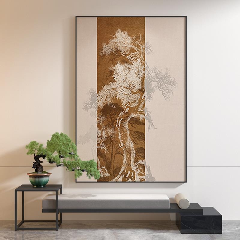 新中式客厅玄关装饰画金色禅意松树抽象艺术背景墙壁现代轻奢挂画图片