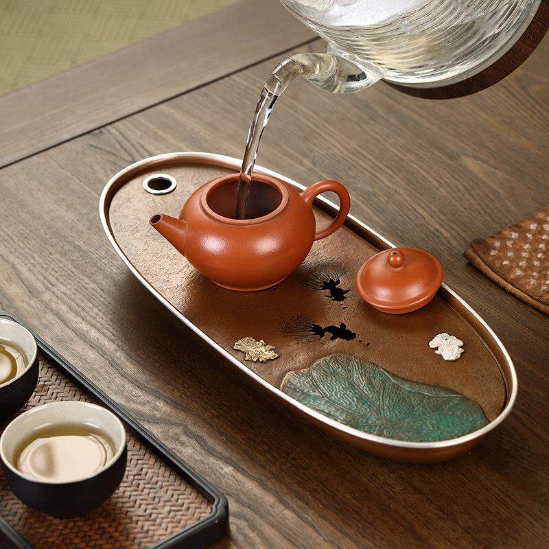 中式浮雕金鱼紫铜茶盘创意家居储水干泡台Haomingtian好茗天