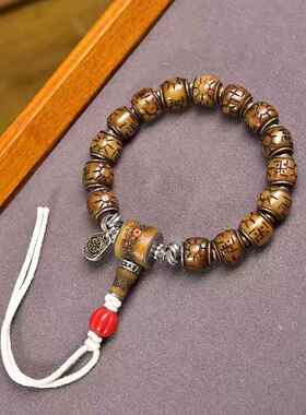 藏传回流牦牛骨桶珠万字雕刻手串单圈老银镶嵌藏式文玩佛珠手链