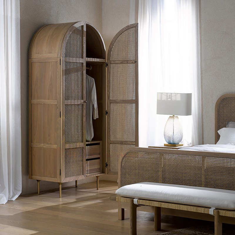 现代柜储物柜衣柜北欧家用创意简约实木藤编日式卧室衣橱收纳双门