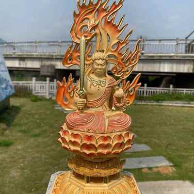 桧木木雕彩绘描金版不动明王摆件东密实木雕刻护法弗像不动尊金刚