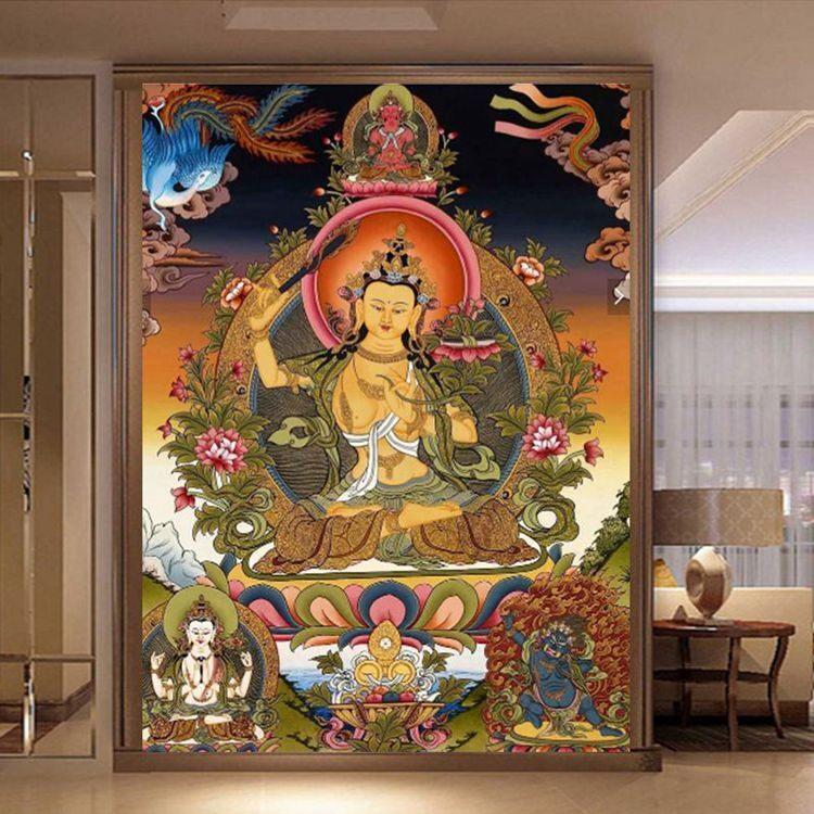 菩萨唐卡文殊壁画藏式壁纸佛堂佛祖像文化背景墙纸过道玄关墙布贴