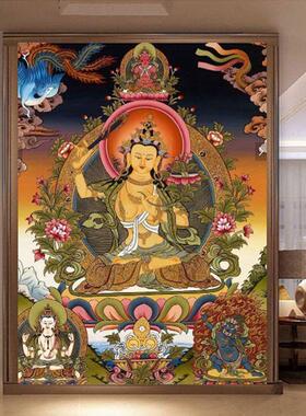 菩萨唐卡文殊壁画藏式壁纸佛堂佛祖像文化背景墙纸过道玄关墙布贴