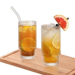 16oz海棠花叠叠杯创意高颜值珠点浮雕玻璃吸管杯果汁冷萃水杯