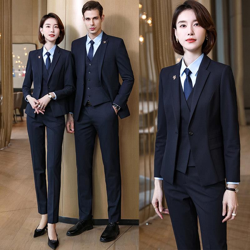 藏青色高端职业装西装男女正装售楼部4S店物业工作服教师西服套装