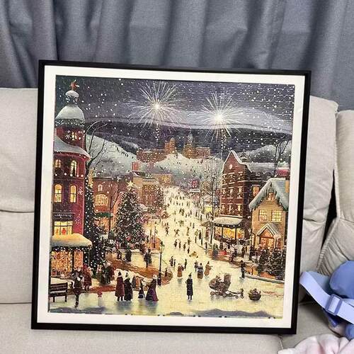 圣诞广场45*45拼图框1000片冰雪之歌65*65相框35*35方形实木画框
