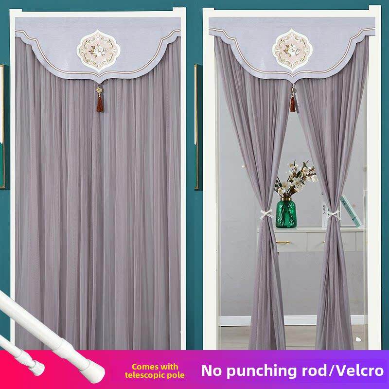 免打孔防蚊夏季门帘布艺中国风纱帘卧室蕾丝隔断风水挡帘挂式双层