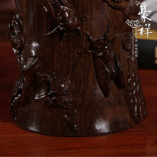 红木浮雕摆件木质小号了黑紫商务礼品松筒圆笔工艺品书法檀文房知