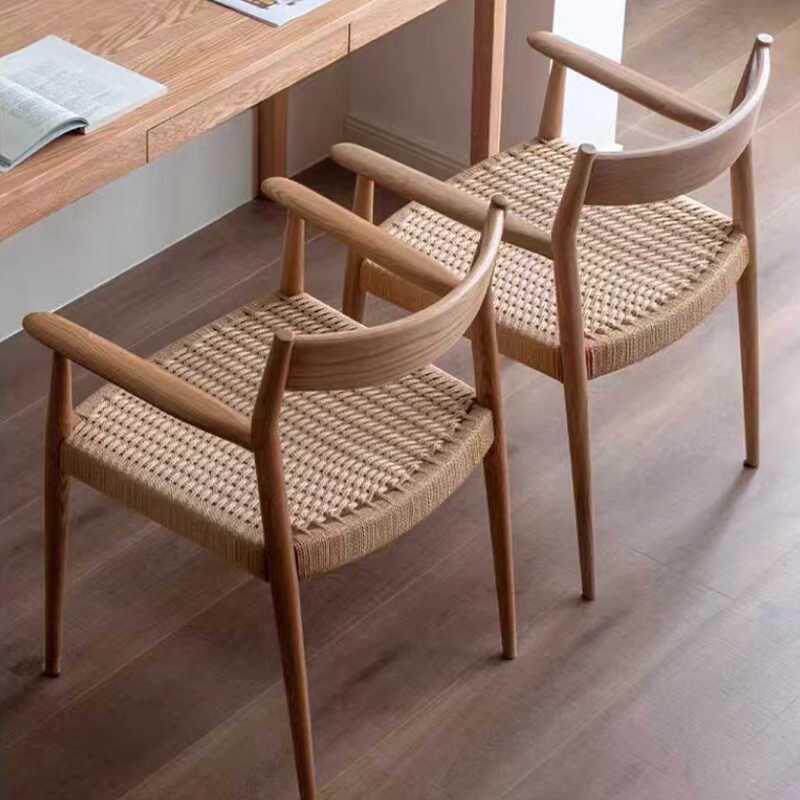 北欧原木家用靠背绳编实木餐椅藤编书桌简约椅子扶手复古船桨梳妆