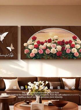 法式中古风玫瑰花卉客厅装饰画覆古肌理感沙发背景墙挂画两联壁画