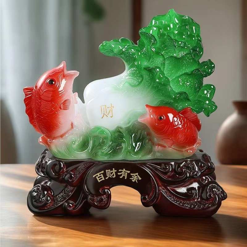 中式玉白菜摆件百财有余开业招财鱼创意家居装饰品客厅电视柜摆设