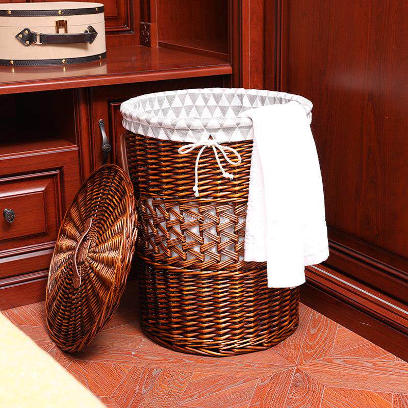 收纳筐脏衣篮藤编脏衣服收纳筐带盖子特大号 家用脏衣篓圆形收纳