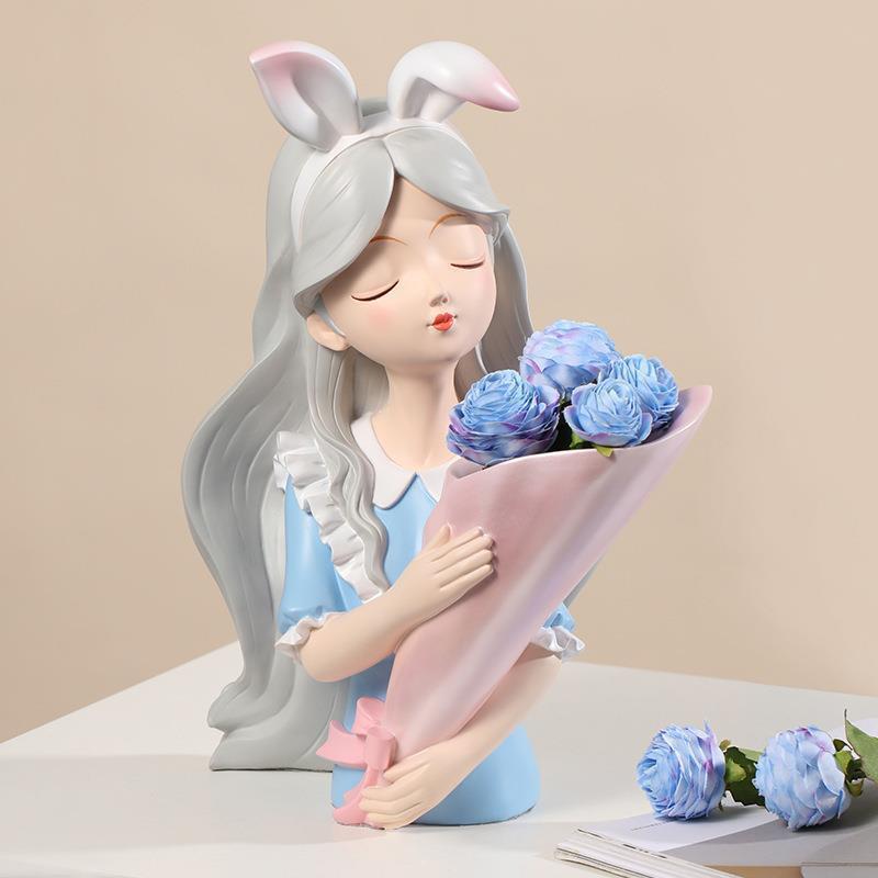 树脂工艺品向日葵捧花女孩摆件家居玄关客厅装饰抱花插花干花摆件