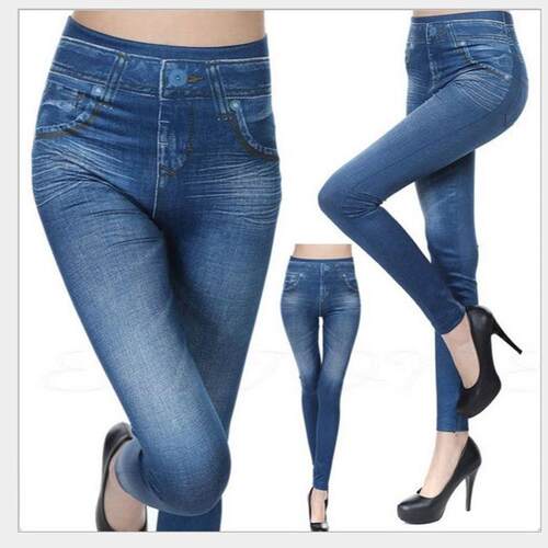 Plus Size Denim-Effect Print High Waist Leggings Casual