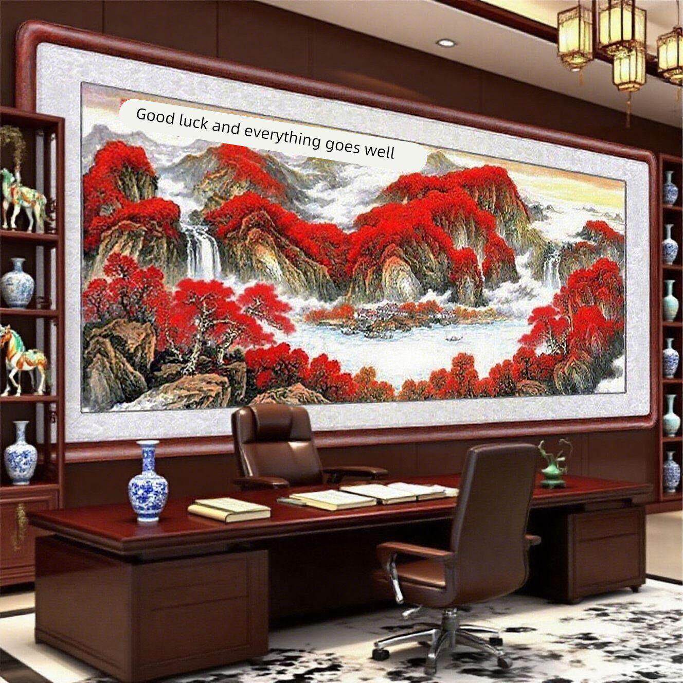 鸿运当头办公室风景国画新中式山水挂画客厅字画沙发背景墙装饰画