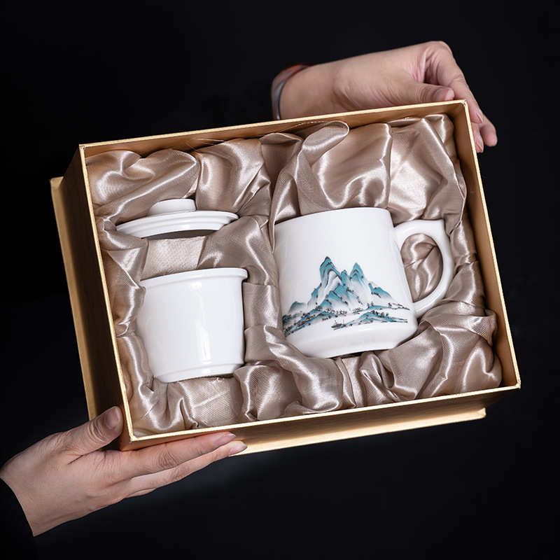 羊脂玉陶瓷茶水分离办公杯带盖过滤个人专用高档水杯马克杯茶杯子
