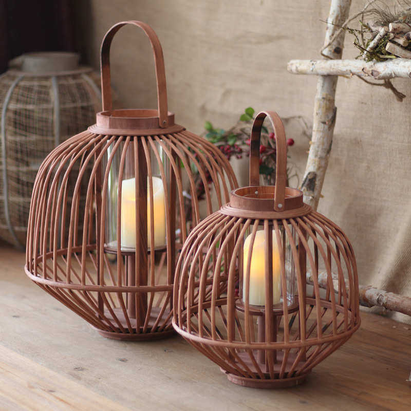 手工藤编风灯烛台民宿酒店桌面落地装饰木质吊挂灯笼摆件复古日式