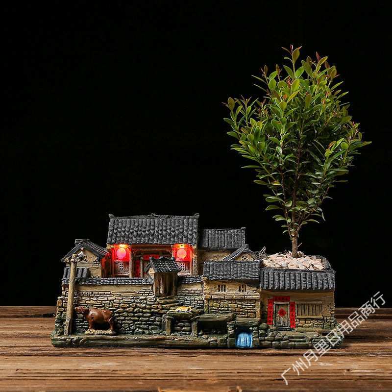 微景观小摆件中式复古老房子花盆造景创意室内多肉植物文竹盆景