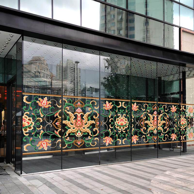 中式宝相花纹玻璃贴春天简约抽象橱窗装饰布置腰线脚线展厅静电贴