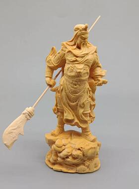 大叶黄杨木雕刻披风关公款摆件规格120×52×36书桌摆饰工艺厂家