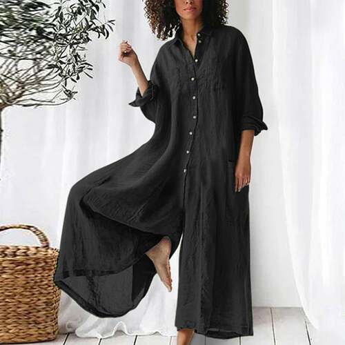 Color Casual Long-sleeved Medium and Long Cotton and Linen