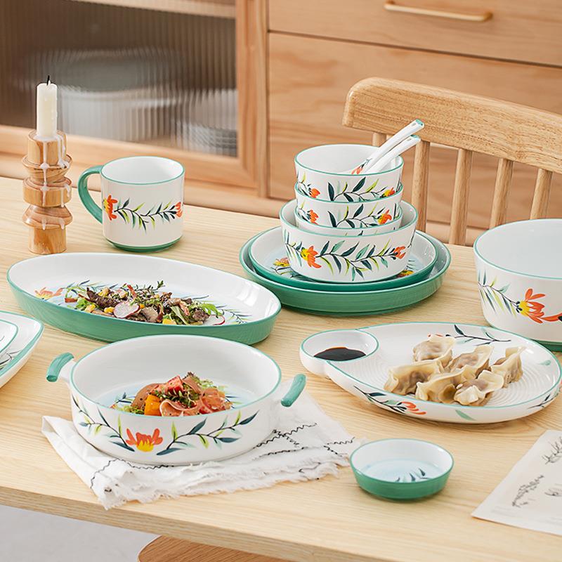 北欧手绘花卉陶瓷餐具 创意色釉饭碗菜盘碟勺子家用礼品套装圆形