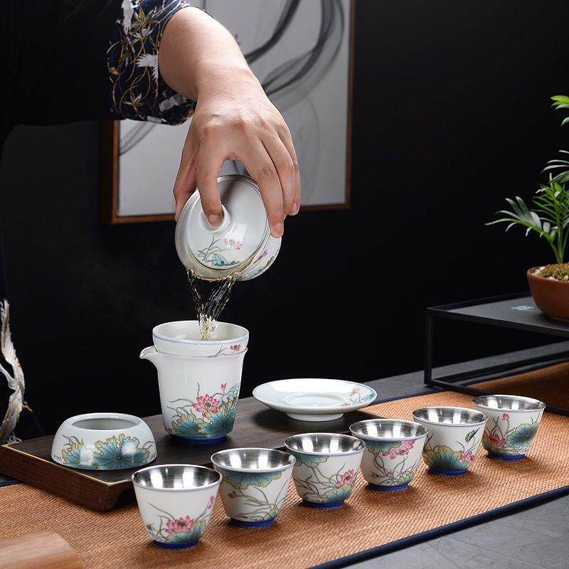 银茶具功夫茶具套装家用办公纯银99泡茶器陶瓷新年创意礼品茶具
