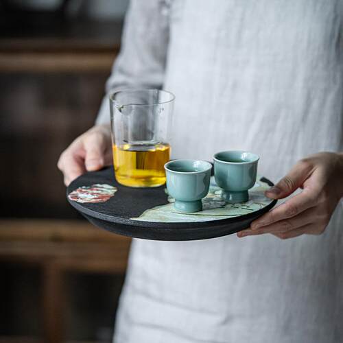 梦回敦煌圆形干泡盘中式复古飞天茶盘2024新款家用实木小茶台托盘
