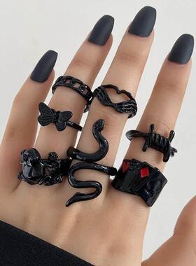 punk rock joint ring set black rings female 戒指女设计感小众