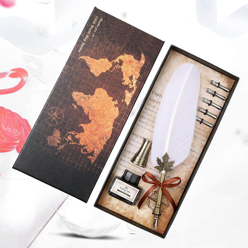 欧式复古羽毛笔套装 商务礼品 鹅毛礼品笔蘸水笔墨水笔插套笔现货