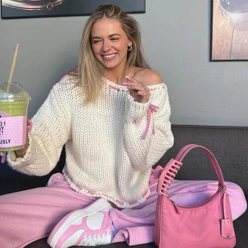 Women Sweet Tie Sweater Fall Winter Cute Casual Daily Outfit