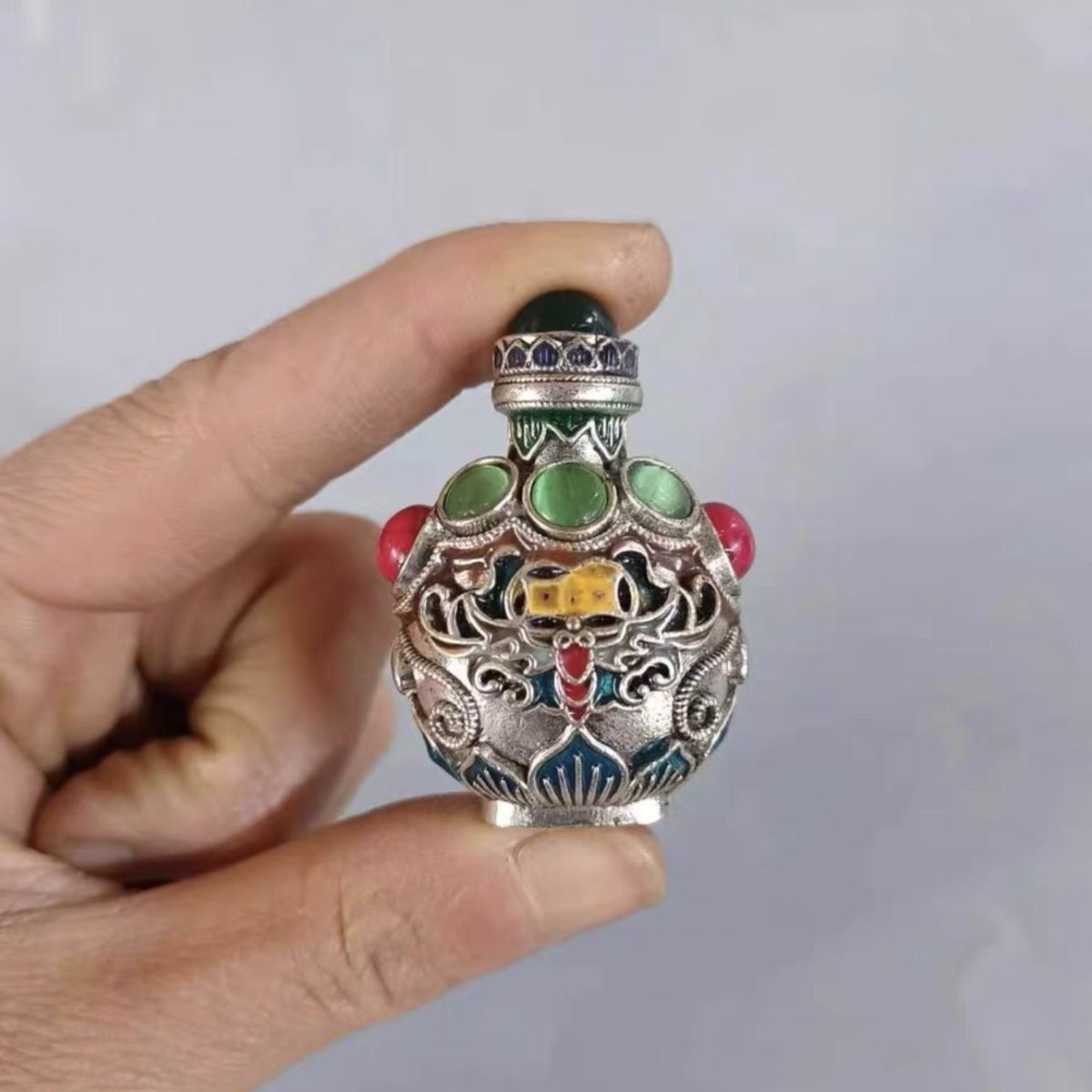 古玩收藏新银藏银镶嵌景泰蓝收藏烟具迷你鼻烟壶鼻吸随身带瓶子