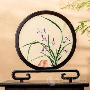 苏绣桌面屏风创意刺绣摆件中国风中式家居红木台屏手工双面绣摆台