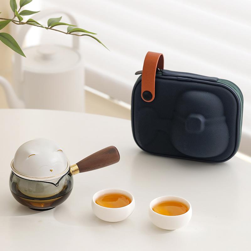 萌猫玻璃侧把旅行茶具一壶二杯泡茶套装便携式户外喝茶快客杯套装