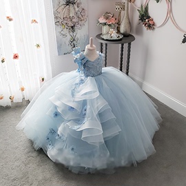 儿童浅蓝色甜美长款公主裙，女童晚礼服主持钢琴，晚宴演出礼服