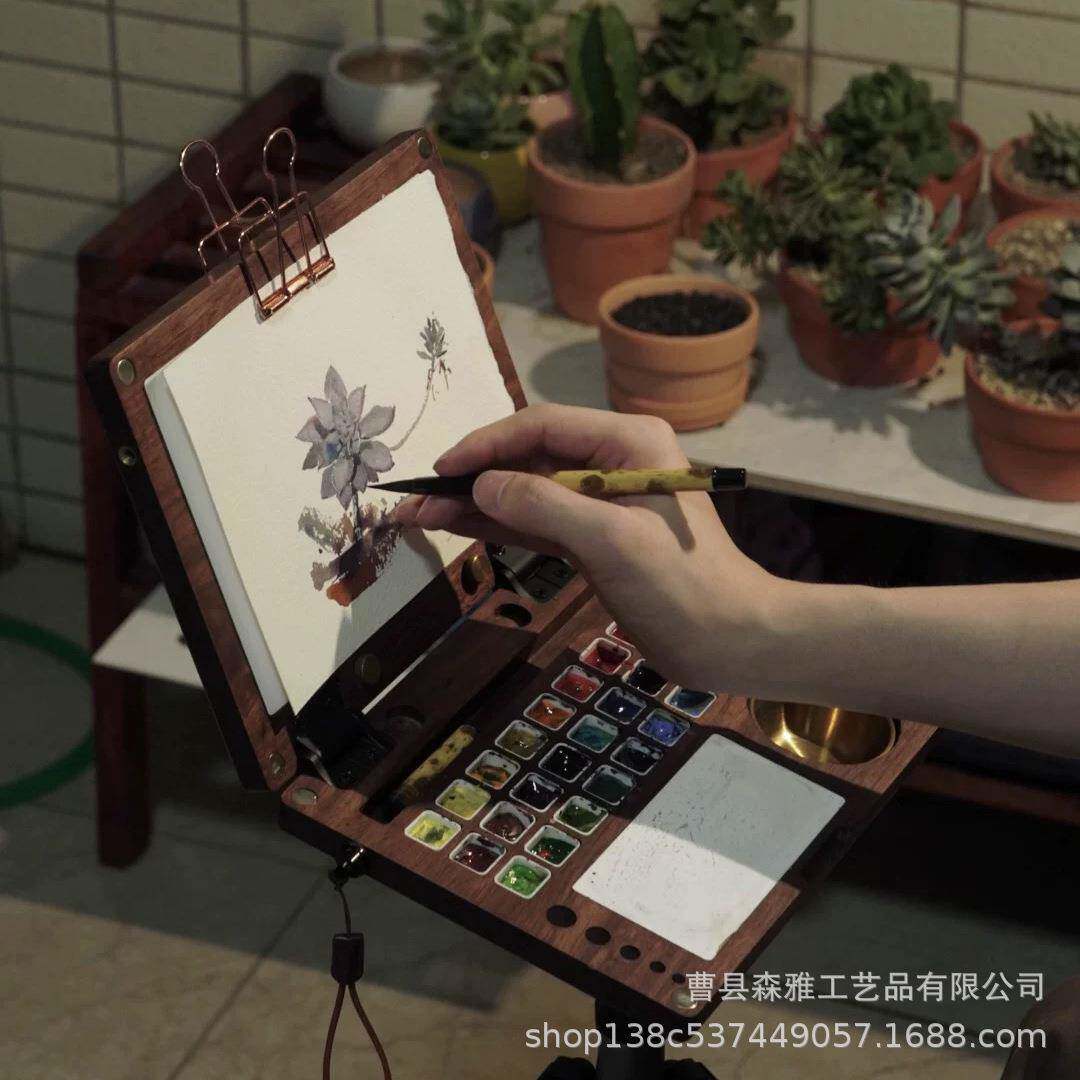 胡桃木27格调色盘可折叠大容量颜料盘户外美术木质绘画水彩颜料盒