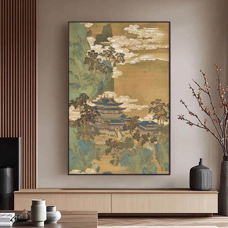 新款古典仙山楼阁新中式玄关挂画走廊过道风景壁画书房茶室装饰画