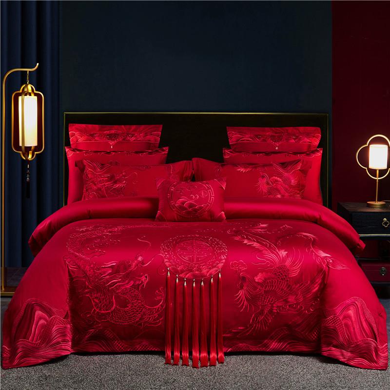 结婚四件纯棉床新上用LOO红色刺绣婚套庆套件简品约婚高档全棉多