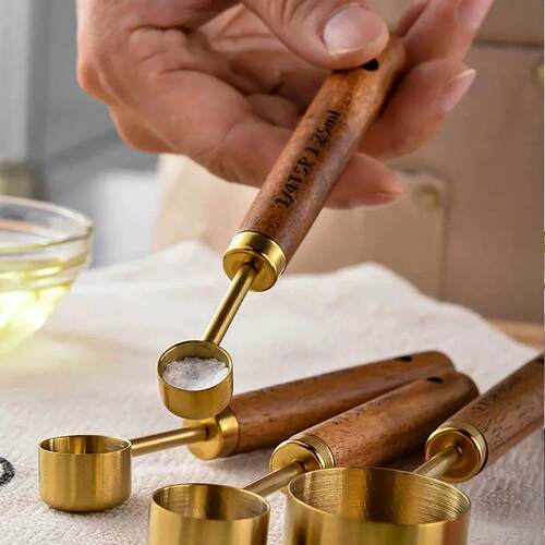 4/8Pcs Wooden Handle Stainless Steel Measuring Cups Spoons B
